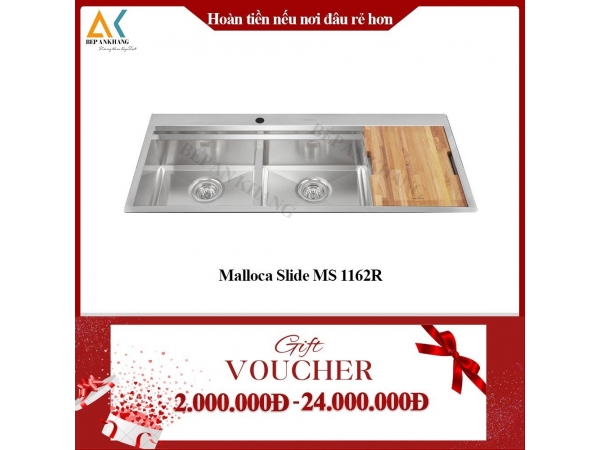 Chậu Rửa Chén 2 Hộc 1 Cánh Vẫy Malloca Inox 304 Slide MS 1162R - Made in Trung Quốc