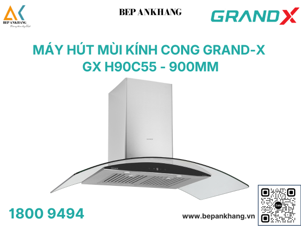 Hút mùi áp tường kính cong Grand X GX H90C55 - Made in Malaysia