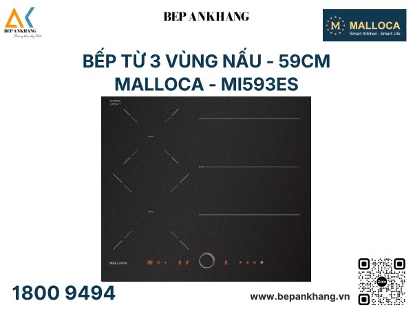 Bếp từ 3 vùng nấu Malloca MI593ES - Mặt kính Onyka chống trầy xước